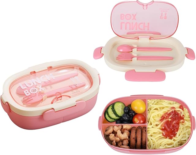 Bento Box Kids Lunch Box with Spoon & Fork - 28oz, 3 Compartment Sandwich Containers Travel Snack Boxes, Microwave/Dishwasher/Freezer Safe, BPA Free Meal Prep Food Storage Containers - Pink