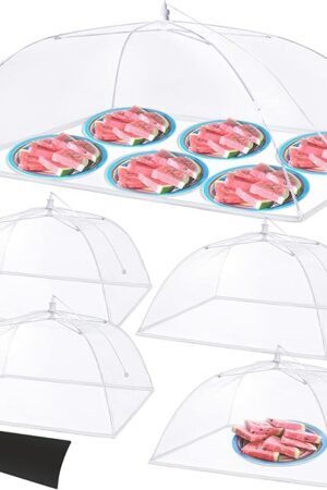 Anpro Food Covers for Outdoors - 1 Extra Large (40"x25") + 4 Large (17"x17") Pop-Up Mesh Food Tents, Collapsible Reusable Bug-Proof Nets for Picnics, BBQs & Camping, Stainless Steel Frame