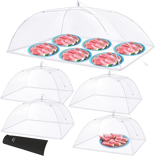 Anpro Food Covers for Outdoors - 1 Extra Large (40"x25") + 4 Large (17"x17") Pop-Up Mesh Food Tents, Collapsible Reusable Bug-Proof Nets for Picnics, BBQs & Camping, Stainless Steel Frame