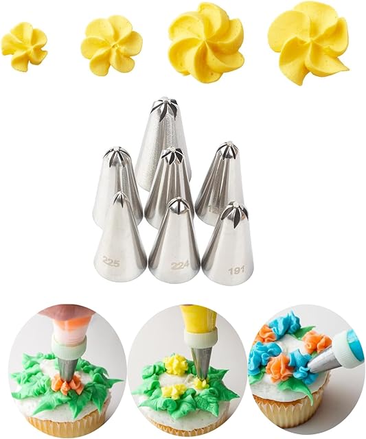 Drop Flower Piping Tips Set, 107, 109, 129, 131, 191, 224, 225 Icing Tip, Blooming Beauty for Cakes and Cookies