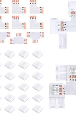 42Pcs 4 Pin LED Strip Connectors Kit for 8mm Wide RGB LED Strip Light, Includes 8 L-Shaped, 4 T-Shaped, and 30 Solderless LED Light Connectors Clips, Easy for DIY Lighting Projects
