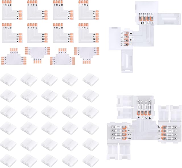 42Pcs 4 Pin LED Strip Connectors Kit for 8mm Wide RGB LED Strip Light, Includes 8 L-Shaped, 4 T-Shaped, and 30 Solderless LED Light Connectors Clips, Easy for DIY Lighting Projects