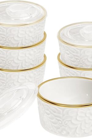 8 OZ Ramekins Oven Safe with Lids, 6 Pack Creme Brulee Ramekins Embossed Flora White Ceramic Ramekin Baking Dish for Souffle Custard Dips Soup Lava Cake Quiches Small Bowls for Dessert Appetizers Meal Prep