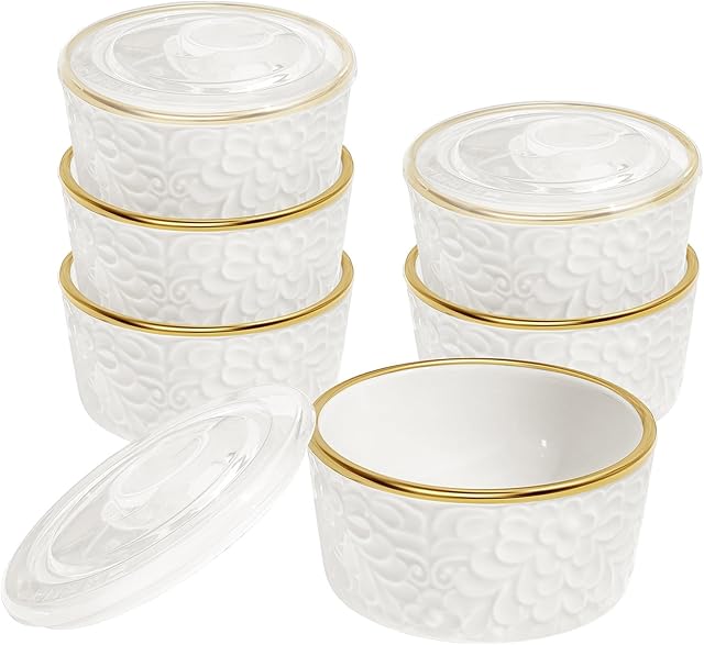 8 OZ Ramekins Oven Safe with Lids, 6 Pack Creme Brulee Ramekins Embossed Flora White Ceramic Ramekin Baking Dish for Souffle Custard Dips Soup Lava Cake Quiches Small Bowls for Dessert Appetizers Meal Prep