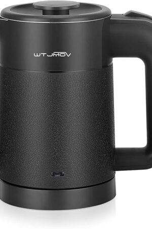 0.6L Small Electric Tea Kettle Lightweight, 20 Ounce Double Wall Hot Water Boiler Stainless Steel Auto Shut-off, 120V Portable Travel Electric Kettle Fast Boil for Tea and Coffee, Black