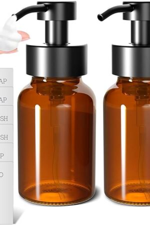 2Pcs Amber Glass Foaming Soap Dispenser - 8.5 oz Amber Glass Soap Dispenser with Pump, Compatible with Hand Soap, Dish Soap, Shampoo and Gel, Durable, Stylish & Refillable for Bathroom and Kitchen
