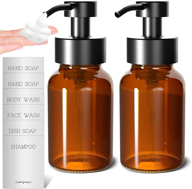 2Pcs Amber Glass Foaming Soap Dispenser - 8.5 oz Amber Glass Soap Dispenser with Pump, Compatible with Hand Soap, Dish Soap, Shampoo and Gel, Durable, Stylish & Refillable for Bathroom and Kitchen