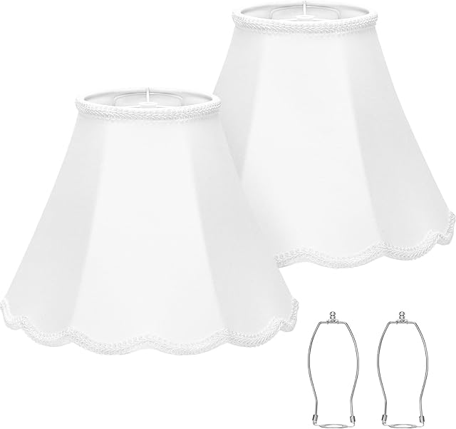 Scalloped Lamp Shades Set of 2, White Lamp Shade with Petal Edge Braid, 6.1"Top x 13"Bottom x 9.6"High, Bell Lamp Shades for Table Lamps Floor Lamps, Spider, Harp Holders Included, Easy Assembly