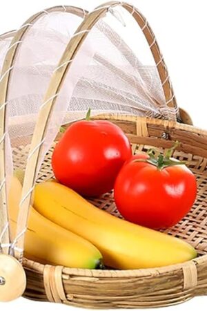Bamboo Food Serving Tent Basket - Hand-Woven Dustproof Round Picnic Basket with Mesh Gauze Cover for Vegetables, Fruits, Bread & Home Food Storage