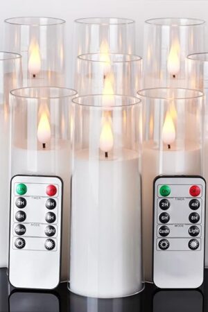 Amagic Pure White Flameless Candles, Battery Operated Candles, Acrylic Flickering LED Pillar Candles with Remote Control and Timer, 3D Wick, Yellow and Blue Glow, D2.2 xH5 6" 7", Set of 9