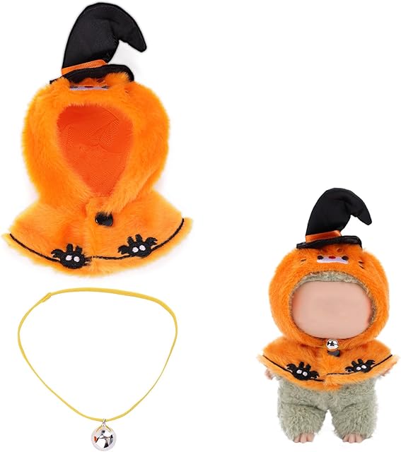The Halloween Clothes Set for 6.69in Doll,Cute Pumpkin Outfit Witch Hat & Bell Party Decor Costume Accessories Perfect for Collectors & Holiday Displays(Doll Not Included)