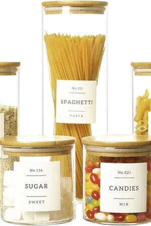 5 Pcs Glass Food Storage Containers With 132 Pantry Labels Preprinted - Thicken(3mm) Jars Airtight Bamboo Lid Stackable Kitchen Canisters Set For Candy, Cookie, Rice, Sugar, Flour