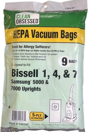 Clean Obsessed H-10 HEPA Bags Fits Bissell 1, 4 & 7 - Also fits Samsung 5000 & 7000 Uprights (9 Bag Pack)