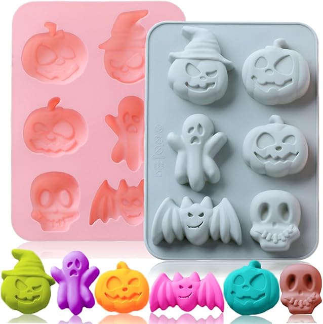 2 Pack Halloween Silicone Cake Mold Pumpkin Bat Skull Ghost Shape Silicone Mold for Chocolate Candy Gummy Jello Ice Cube Crayon Melt Biscuits, Soap Molds Silicone Baking Mold Making Kit for Kids