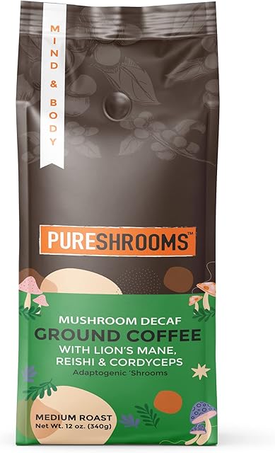 PureShrooms Decaf Mushroom Coffee | Swiss Water, Ground, Infused with Organic Lion’s Mane, Reishi & Cordyceps + L‑Theanine – Single Origin Guatemala 12 oz Bag