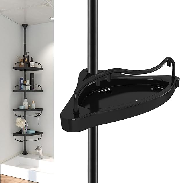 Corner Shower Caddy, 39-125 Inch Adjustable Height With ABS Shelves, Drill Free Organizer, 4 Layer Rustproof Metal Tension Pole, Large Storage, Black