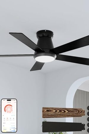 CubiCubi Ceiling Fans with Lights, 42 Inch Low Profile Ceiling Fan with Light and Remote/APP Control, Flush Mount, Stepless Dimmable, 6 Speeds, Quiet, LED Smart Ceiling Fans for Indoor Bedroom, Black