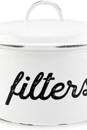 AuldHome Design Basket Coffee Filter Holder, White Enamel Filter Storage Container in Rustic Farmhouse Distressed Enamelware Design