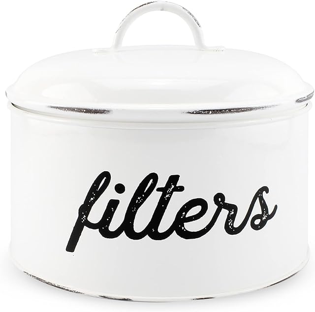 AuldHome Design Basket Coffee Filter Holder, White Enamel Filter Storage Container in Rustic Farmhouse Distressed Enamelware Design