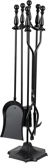 JupiterForce 5 Pieces Fireplace Tools Sets Indoor Outdoor Wrought Iron Large Fire Place Set Tools, Fire Pit Tools with Poker Shovel Tongs Brush and Stand, Black