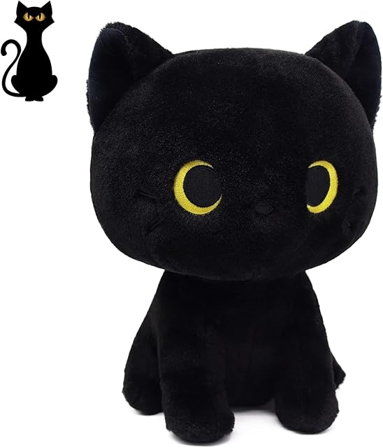 Black Cat Plush, 8inch Cute Cat Stuffed Animals Plushies for Girls, Kawaii Kitten Plushie Soft Cuddle Pillow for Kids, Birthday Gift for Kids Boys Girls