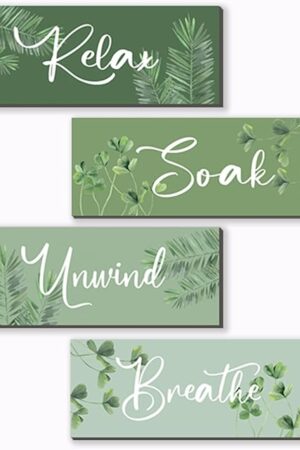 4 Pcs Sage Green Bathroom Wall Decors Relax Soak Unwind Breathe Wooden Word Sign Rustic Sage Bathroom Accessories For Bedroom Living Room Office Decorations(Green 10X4 Inch)