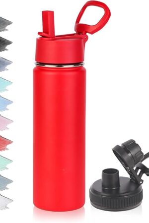 Volhoply 20oz Insulated Stainless Steel Water Bottle with Straw Lid, Kids Wide Mouth Double Wall Vacuum Cups with Handle,Reusable Outdoor Sports Metal Bottles,Travel Flask Keep Cold&Hotd(Red,1)