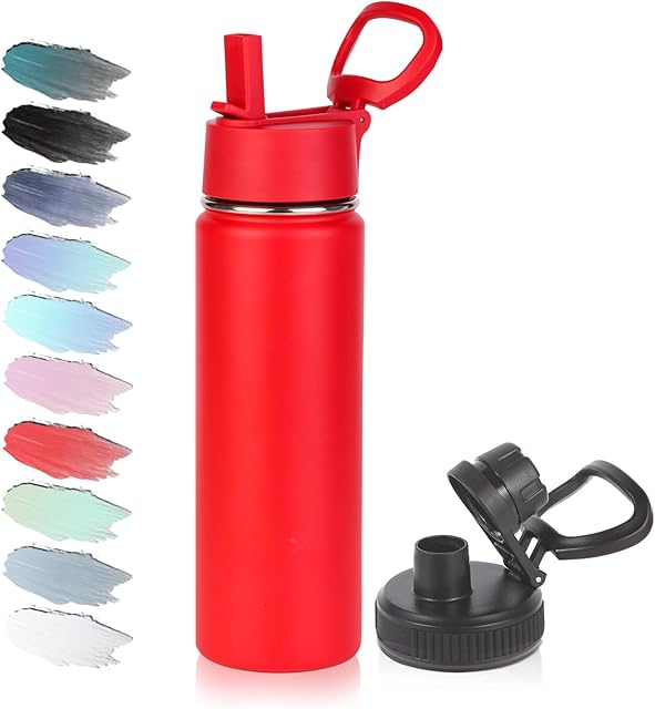 Volhoply 20oz Insulated Stainless Steel Water Bottle with Straw Lid, Kids Wide Mouth Double Wall Vacuum Cups with Handle,Reusable Outdoor Sports Metal Bottles,Travel Flask Keep Cold&Hotd(Red,1)