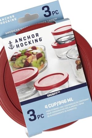 Anchor Hocking Replacement Lids for Glass Food Storage, 4 Cup Round, Set of 3 (Also Compatible with Pyrex Glass Food Storage)
