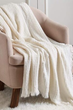 CREVENT Knitted Throw Blanket 50''X60'' Off White Ivory Cream