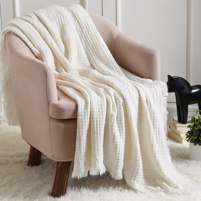 CREVENT Knitted Throw Blanket 50''X60'' Off White Ivory Cream