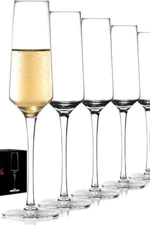 Champagne Flutes - Hand Blown Elegant Champagne Glasses Set of 6 - Unique Gift for Birthday,Wedding, Mother’s Day - Ideal for Wine Tasting,Daily Use - 7.5 oz, Clear