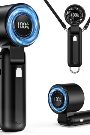 4 in 1 Turbo Handheld Fan - 100-Speed Adjustable, 160° Flexible Head, 5000mAh Battery, 7-Blade Cooling - Portable, Foldable & Carabiner Clip for Travel, Office, Camping (Black)