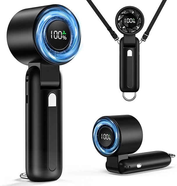 4 in 1 Turbo Handheld Fan - 100-Speed Adjustable, 160° Flexible Head, 5000mAh Battery, 7-Blade Cooling - Portable, Foldable & Carabiner Clip for Travel, Office, Camping (Black)