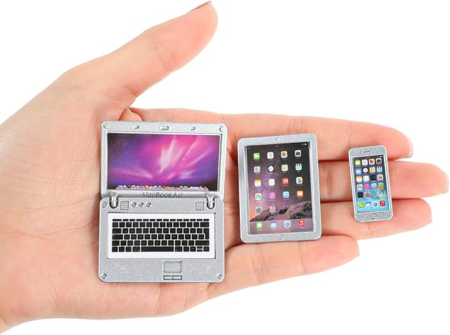 The 3 PCS Dollhouse Mini Laptop Tablet Phone Miniature Dollhouse Accessories, 1:12 Doll House Decoration Simulation Accessories for Doll Miniatures Play Set (Silver)