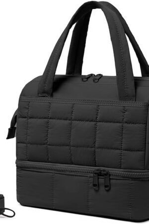 Bluboon Lunch Box for Women Insulated Lunch Bag Double Deck, Puffer Quilted Lunchbox Wide Opening Reusable Lunch Boxes Cooler for Work Picnic Travel Office with Adjustable Shoulder Strap (Black)