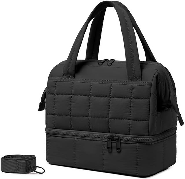 Bluboon Lunch Box for Women Insulated Lunch Bag Double Deck, Puffer Quilted Lunchbox Wide Opening Reusable Lunch Boxes Cooler for Work Picnic Travel Office with Adjustable Shoulder Strap (Black)