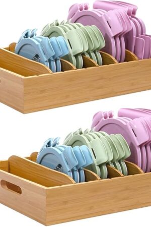 2 Pack Bamboo Lid Holder Food Container, Kitchen Organizer with 5 Adjustable Dividers, Cabinet Organizer for Food, Kitchen Gadget, Container Lids