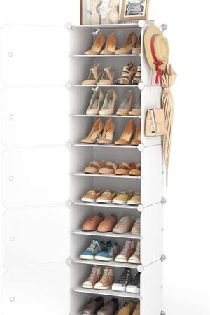 10 Tiers Tall Shoe Rack 20 Pair Shoe Organizer Narrow Shoe Rack with Door Portable Shoe Storage Cabinet with Hooks Sturdy Plastic White Shoe Shelf for Entryway and Bedroom