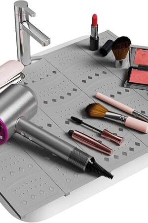 Bathroom Sink Cover for Counter Space, Sink Mat Foldable Sink Cover, Silicone Makeup Organizer Mat Space Saver, Small Bathroom & Rv Camper Travel Must Haves Accessories, Grey