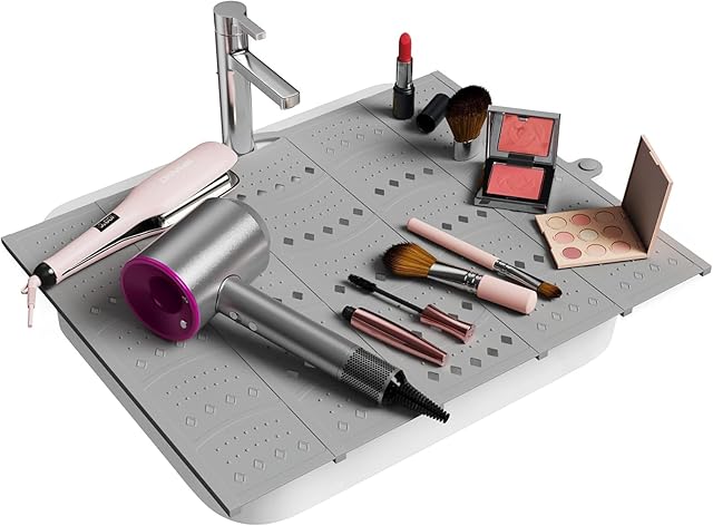 Bathroom Sink Cover for Counter Space, Sink Mat Foldable Sink Cover, Silicone Makeup Organizer Mat Space Saver, Small Bathroom & Rv Camper Travel Must Haves Accessories, Grey