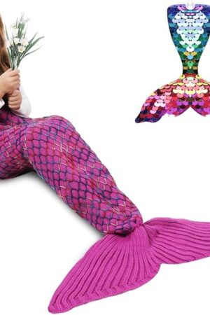 AmyHomie Mermaid Tail Blanket, Soft Crochet Sleeping Bag Blanket for Kids Adults, Mermaid Gift for Girls(Rainbow,Kids)