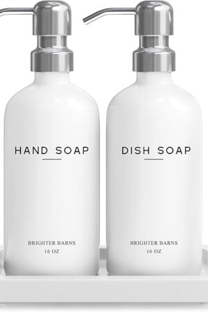 White Glass Hand and Dish Soap Dispenser Set by Brighter Barns - Kitchen Soap Dispenser Set with Tray & Pump for Office, Hotel, Vacation Rental, Airbnb - Modern Kitchen Decor & Accessories (White)