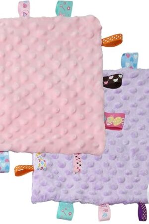CREVENT Tag Security Blankets for Babies, Soft Small Loveys for Girls, Baby Comforter Sensory Blanket, Great Gifts for Birthday Baby Shower 10"X10" (Purple+Pink Tag, Crib)