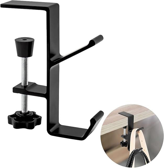 Clamp-On Desk Mount Hook Black Bag Holder