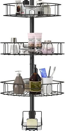 YeYeBest Rustproof Shower Corner Caddy for Bathroom, 4 Adjustable Baskets, 39-125 Inch Corner Shower Organizer with Tension Pole for Shampoo Accessories, Black