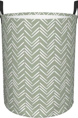 Boho Mud Cloth Chevron Pattern Sage Green Laundry Basket Waterproof Collapsible Round Laundry Hamper Toys Clothes Organizer Gift Basket For Room Medium