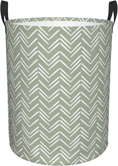 Boho Mud Cloth Chevron Pattern Sage Green Laundry Basket Waterproof Collapsible Round Laundry Hamper Toys Clothes Organizer Gift Basket For Room Medium