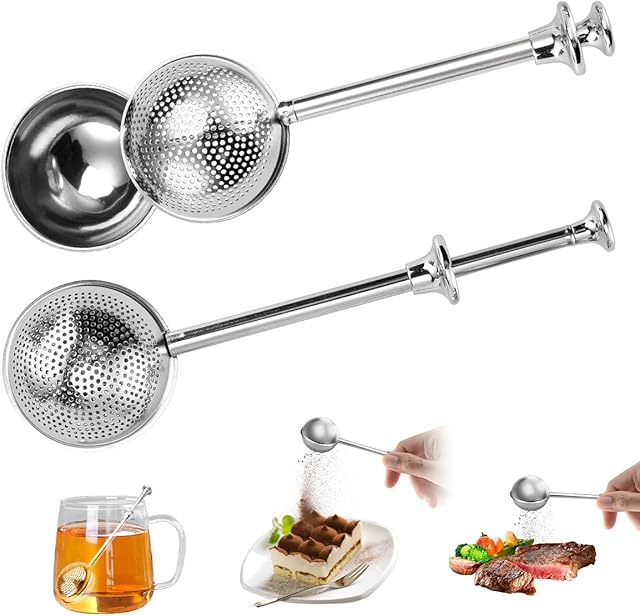 2Pcs Stainless Steel Tea Strainer Tea Infuser for Loose Leaf Tea,Tea Diffusers Fine Mesh Tea Ball Tea Accessories, Baking Supplies Baker's Dusting Wand Sugar Shaker Duster Flour Duster (Full+Half)