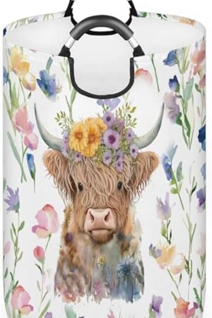 Collapsible Laundry Basket Highland Cow,Laundry Hamper with Handle,Waterproof Foldable Dirty Cloth Toy Organizer for Laundry Room Living Room Bedroom Colleage Dorm